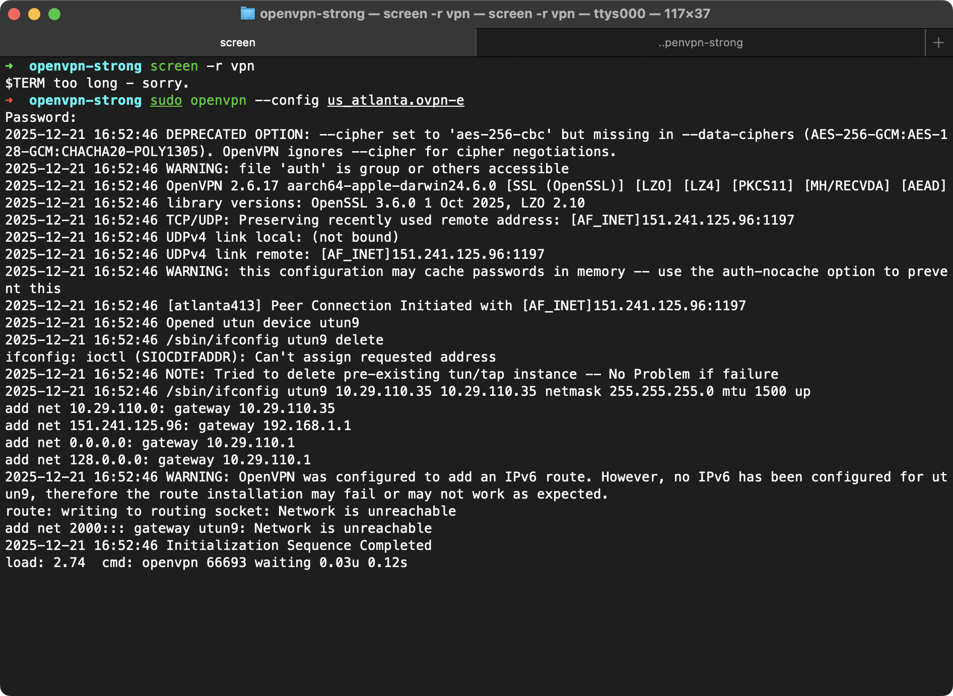 Successfully connected to the PIA VPN using OVPN profile.